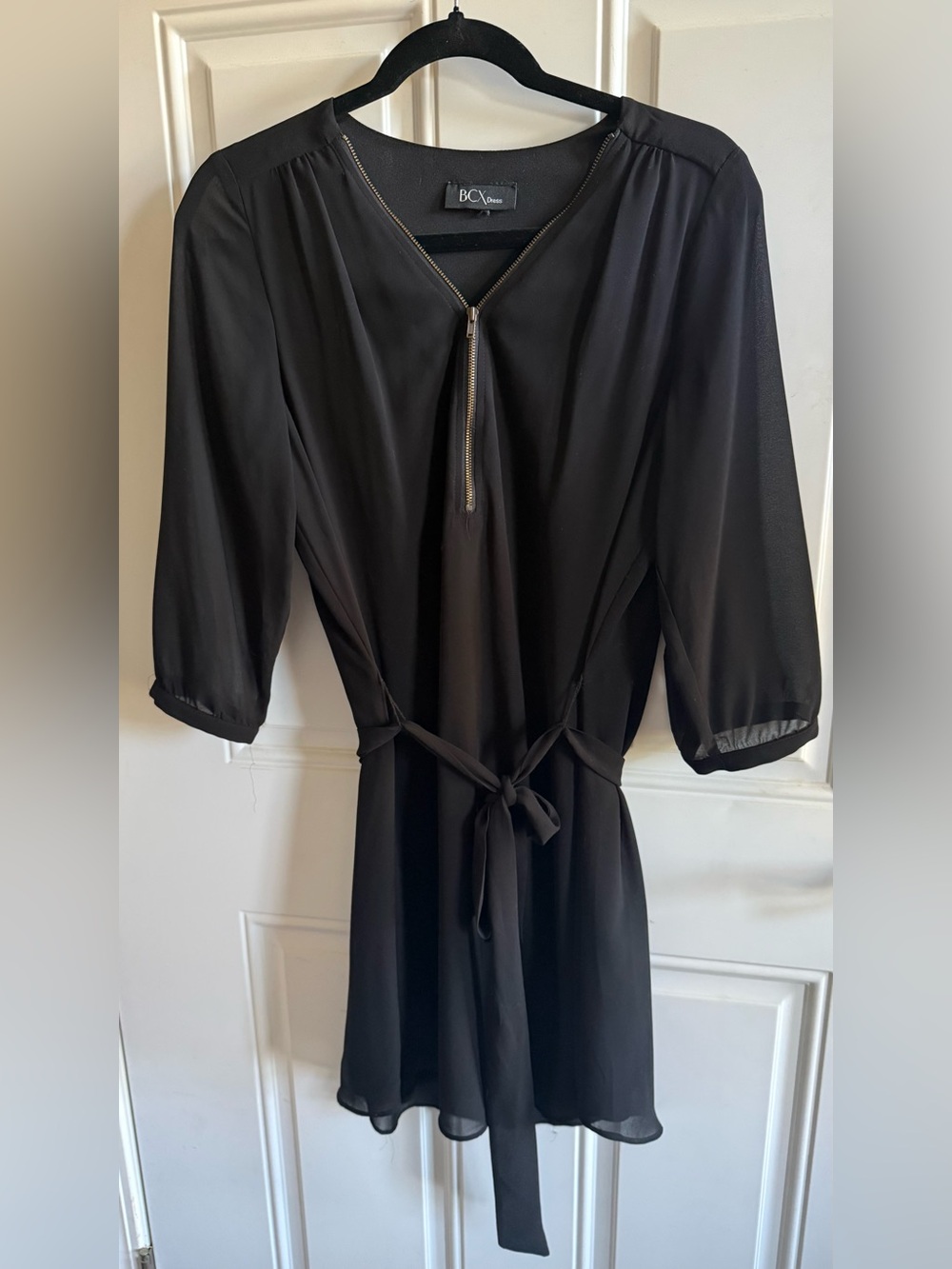 BCX Black V-Neck Zip Tie-Waist Mini Dress